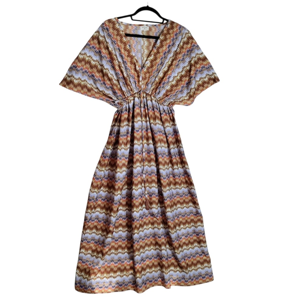 World Market Boho Chevron Ikat Maxi Dress Orange Purple S/M Butterfly Sleeve